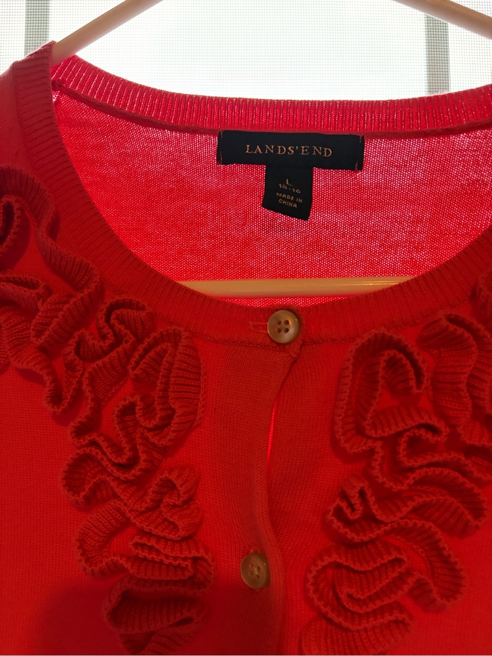 Lands' End Bright Pink Ruffle-Trim Cardigan